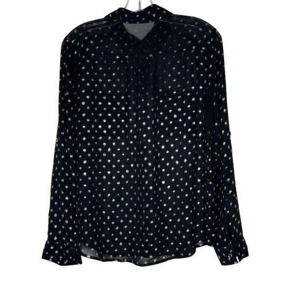 Monteau Black Long Sleeve Button Up Blouse Top Size M Polka Dot Roll Tab Sleeve - Picture 1 of 11